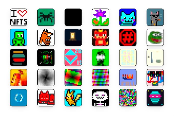 A grid of 30 colorful pixel art NFT icons featuring various characters, creatures, and abstract designs including cats, robots, monsters, and game-themed imagery.