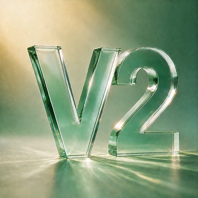 A digital rendering features the letters 'V2' made of transparent, refractive glass, illuminated by a warm light against a green gradient background.