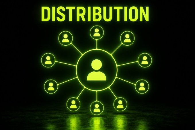 A neon green graphic on black showing the word 'DISTRIBUTION' above a network diagram of a central person icon connected to eight surrounding person icons.