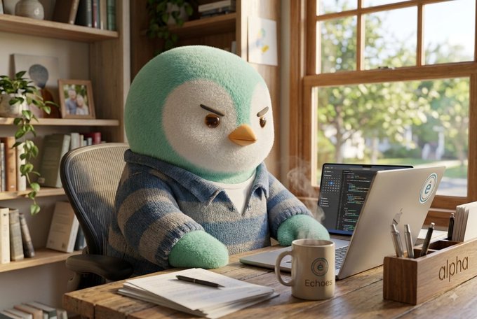A teal‑and‑white penguin in a striped sweater sits at a sunlit wooden desk, sipping from a mug labeled “Echaos” while coding on a laptop beside a wooden box marked “alpha.” The scene captures the “gm crypto twitter” vibe, showing that a simple coffee break fuels the hustle.