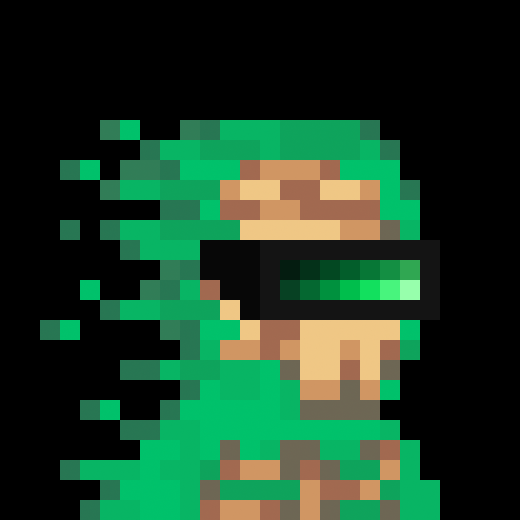 A low-resolution pixel art sprite of a figure wearing a green hooded cloak, resembling a character from a retro video game.