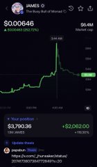 A mobile screenshot showing a cryptocurrency portfolio with JAMES displaying $0.00646 (+2004043922.76%), including a price chart and wallet position showing $3,790.38 (+78.10%).