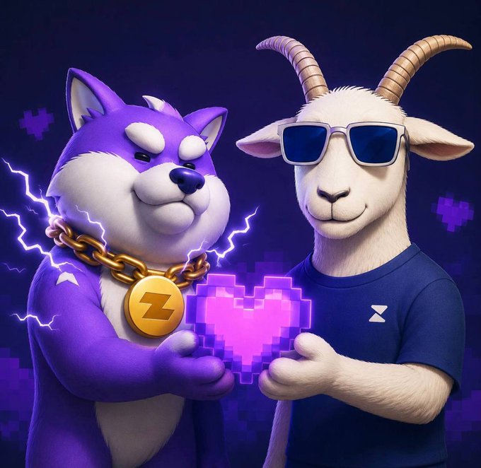 A purple Shiba Inu wearing a Zapper gold chain medallion stands beside a cool, sunglasses-wearing goat in a dark blue tee, as they together hold out a glowing pixelated pink heart against a dark purple background with floating pixel hearts and lightning. The Zapper "Z" medallion and the Zerion logo on the shirt tie directly to the post announcing a joint giveaway of free Zerion Premium for Zapper NFT (S1 and S2) holders.