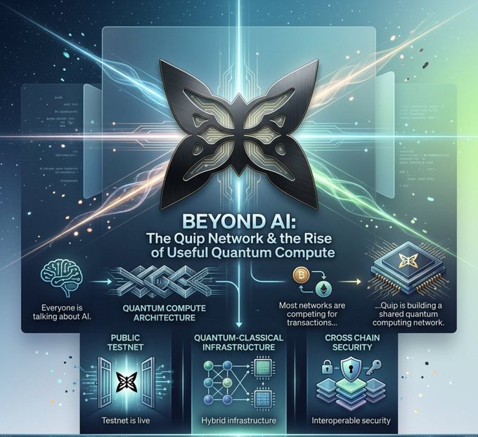 The image is an illustration of the development of a network called Quip, which was used for creating software applications. It features various objects such as a butterfly, computer chips, and data streams that represent different aspects of the Quip network ecosystem. The main focus of the illustration seems to be on explaining what Quip was built upon by using visual representation instead of directly stating it.