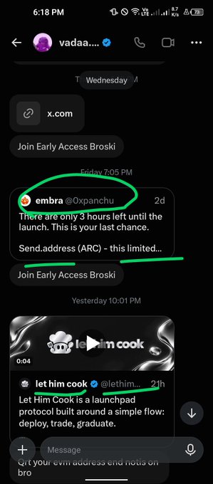 A screenshot of a Telegram chat with 'vadaa...' showing messages about 'Join Early Access Broski,' including a tweet from 'embra @0xpanchu' stating 'There are only 3 hours left until the launch. This is your last chance' to send an address (ARC), and another post from 'let him cook' (@lethimc...).