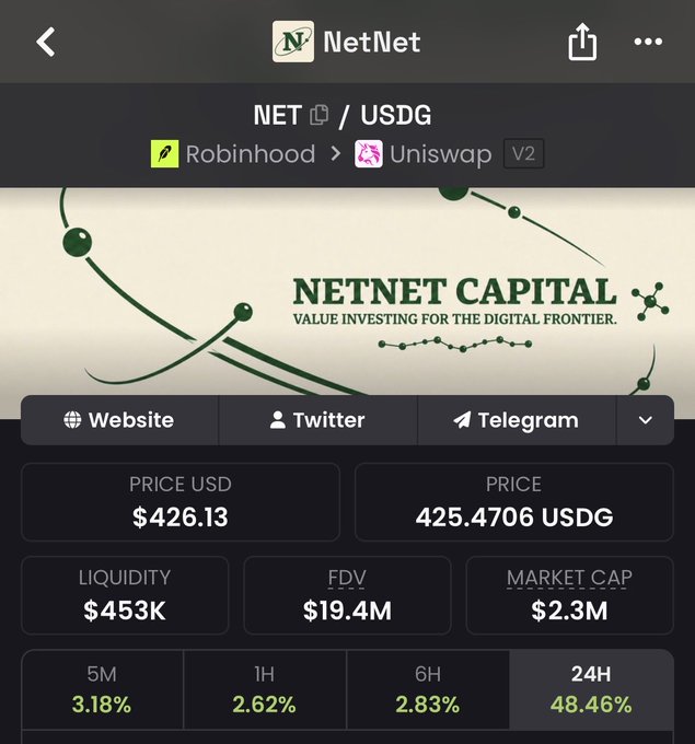 The image shows a cryptocurrency trading interface for NetNet Capital (NET) on a decentralized exchange, displaying a price of $426.13 USD (425.4706 USDG) with a massive 48.46% gain in 24H, alongside key metrics like a $2.3M market cap, $19.4M FDV, and $453K liquidity. This aligns with the post's celebration of NET reaching a $1,000 target thesis, with the screenshot capturing the token's early breakout momentum before gaining wider attention on Crypto Twitter.