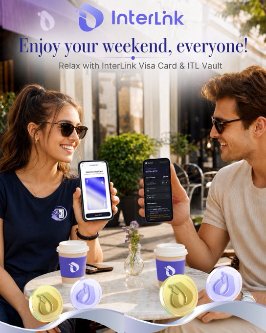A couple enjoys a weekend coffee complemented by smartphones showcasing the InterLink Visa Card and ITL Vault app. The image visually represents the ease of using InterLink Visa Card and ITL Vault for everyday transactions like buying coffee.