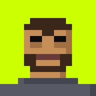 A pixel-art avatar of a bearded man with dark hair is displayed on a bright green background, likely representing one of the 7,500 Trader NFTs from the ChainTradersNFT collection mentioned. The simple, blocky portrait style suits the NFT trading bot theme, where holding the avatar-NFT lets an automated Trader work in the background on the Robinhood Chain.