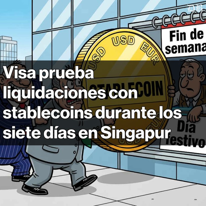 A cartoon illustration of people carrying a giant golden coin labeled 'USD EUR STABLECOIN', with Spanish text overlay reading 'Visa prueba liquidaciones con stablecoins durante los siete días en Singapur'.