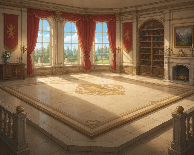 An illustration of a grand, empty room with red curtains, large windows, a fireplace, and heraldic banners on the walls.