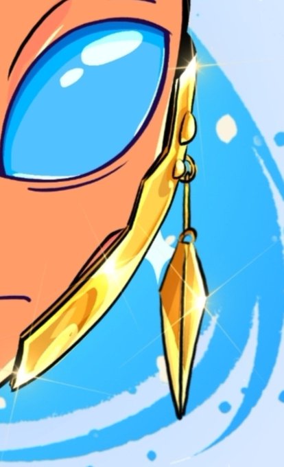 A close-up anime-style illustration focusing on a character's bright blue eye and a large, ornate gold earring with a pendant, set against a vibrant blue background.
