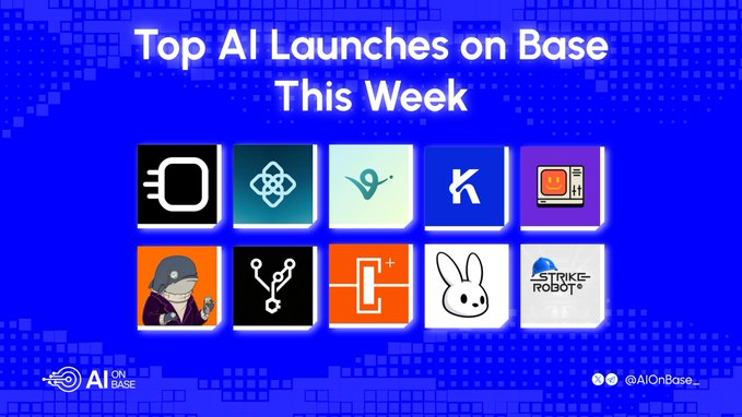 A promotional graphic titled "Top AI Launches on Base This Week" featuring 10 logo tiles for featured projects including BlockRunAI, OpenGradient, Virtuals, Kor Protocol, and Strike-Robot, set against a blue pixelated background with the AI On Base branding. The image serves as a visual summary highlighting the weekly AI project launches mentioned in the accompanying post.