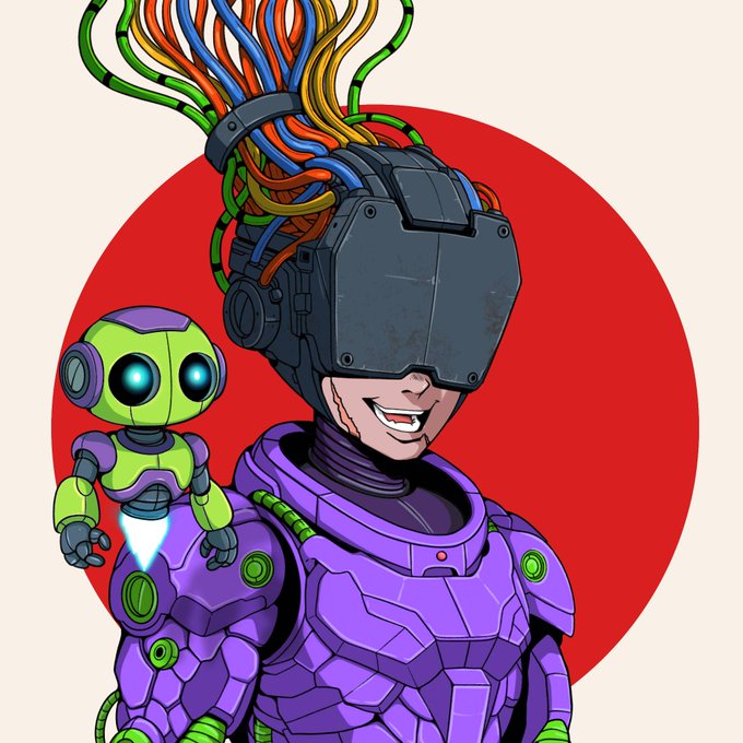 An animated illustration shows a character in purple armor and a dark helmet with colorful wires protruding from the top, accompanied by a small green and purple robot hovering beside them against a red circular background.