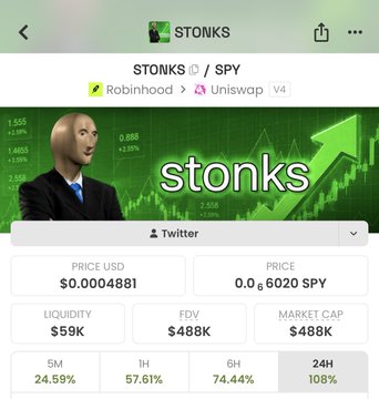 A cryptocurrency tracking page for 'STONKS / SPY' showing the meme 'stonks' image with a man in a suit, displaying a price of $0.0004881 USD and 108% gain in 24H.