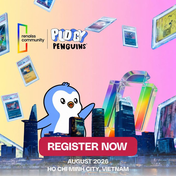Promotional graphic for 'Ruby Penguins' and 'renaiss community' featuring a cartoon penguin, trading cards, and a futuristic cityscape with a 'REGISTER NOW' button, dated August 2026 in Ho Chi Minh City, Vietnam.