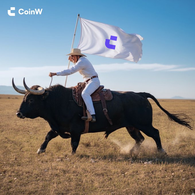 A man in white attire and a straw hat rides a galloping black bull across a grassy plain while holding a white flag bearing the CoinW logo.