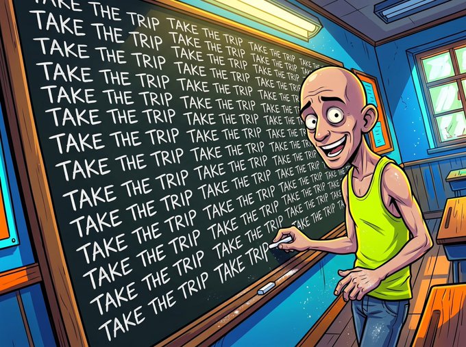A cartoon bald man in a yellow tank top grins while writing on a chalkboard covered in the repeated phrase "TAKE THE TRIP." The relentless repetition of the phrase visually reinforces the post's urgent message that only one ticket for the trip is available.