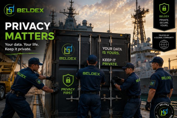 BELDEX promotional banner with the slogan 'PRIVACY MATTERS - Your data. Your life. Keep it private.' showing workers in BELDEX uniforms securing a large container at a naval port, with badges stating 'BELDEX PRIVATE. SECURE. YOURS.'