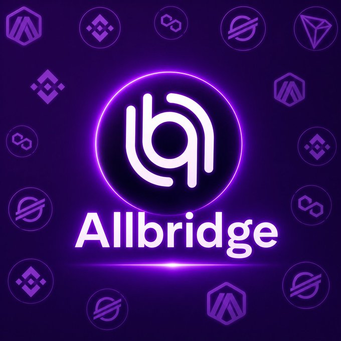 A purple-themed graphic featuring the glowing 'Allbridge' logo centered in a circle, surrounded by various cryptocurrency icons including Binance, Polygon, and Tron.