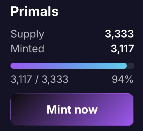The image shows a "Primals" NFT minting interface displaying a total supply of 3,333, with 3,117 already minted (94%), leaving only 216 remaining, which aligns with the post's "Only 6% remains" caption highlighting the nearly sold-out collection on orbisonsol.io.