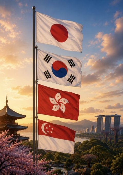 Four flags representing Japan, South Korea, Hong Kong, and Singapore fly prominently against a sunset sky with iconic landmarks from each region visible below, symbolizing the Asian nations embracing cryptocurrency as a financial and national asset.