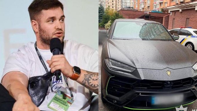 A split image showing a young man with a microphone on the left and a matte gray Lamborghini Urus with green accents on the right, parked next to a police vehicle.