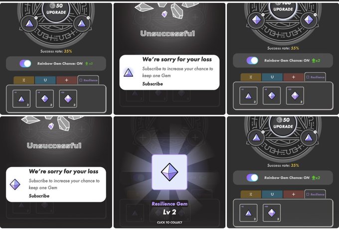 A grid of six screenshots from a gem-upgrade game showing "Unsuccessful" and "Success rate: 35%" outcomes, with a prompt to subscribe to keep one gem after failures, culminating in a "Resilience Gem Lv 2" reward.