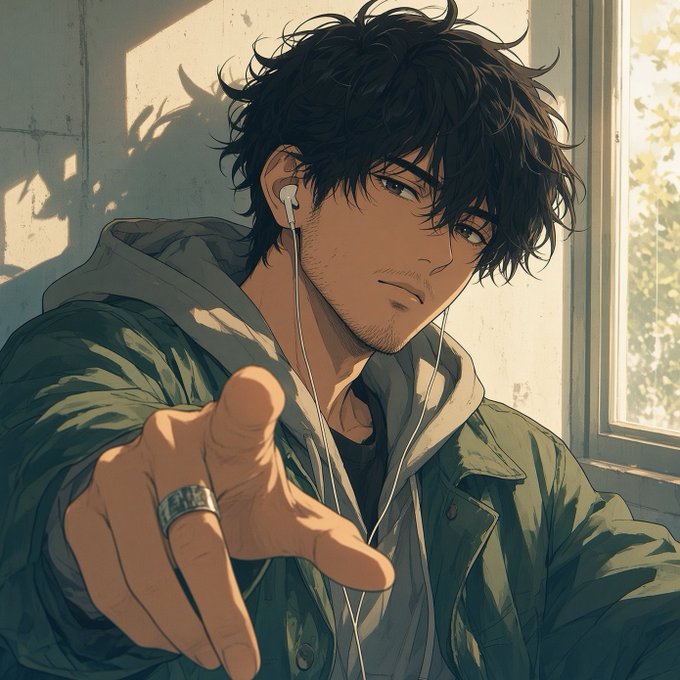 An anime-style illustration of a dark-haired young man wearing earphones and a green hooded jacket, extending his hand toward the viewer with a silver ring on his finger, sitting near a window with sunlight streaming in.