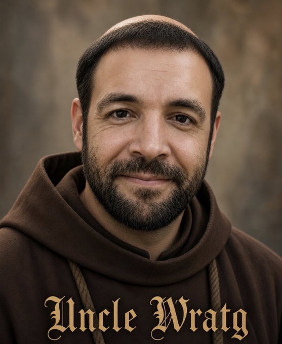 A bearded man in a brown monk's hood smiles warmly at the camera against a muted backdrop, with the stylized golden text "Uncle Wratty" displayed at the bottom. The medieval religious aesthetic and monastic attire humorously frame the caption's practical advice about joining "The Grotto" gaming platform, suggesting the spiritual/gaming sanctuary branding of the project.
