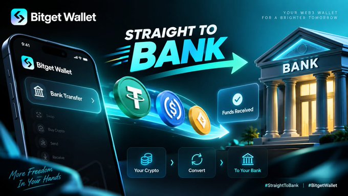 Bitget Wallet advertisement showing a smartphone interface with the tagline 'STRAIGHT TO BANK,' illustrating a seamless flow from crypto (Tether, USDC) to a bank building, with the hashtags #StraightToBank and #BitgetWallet.