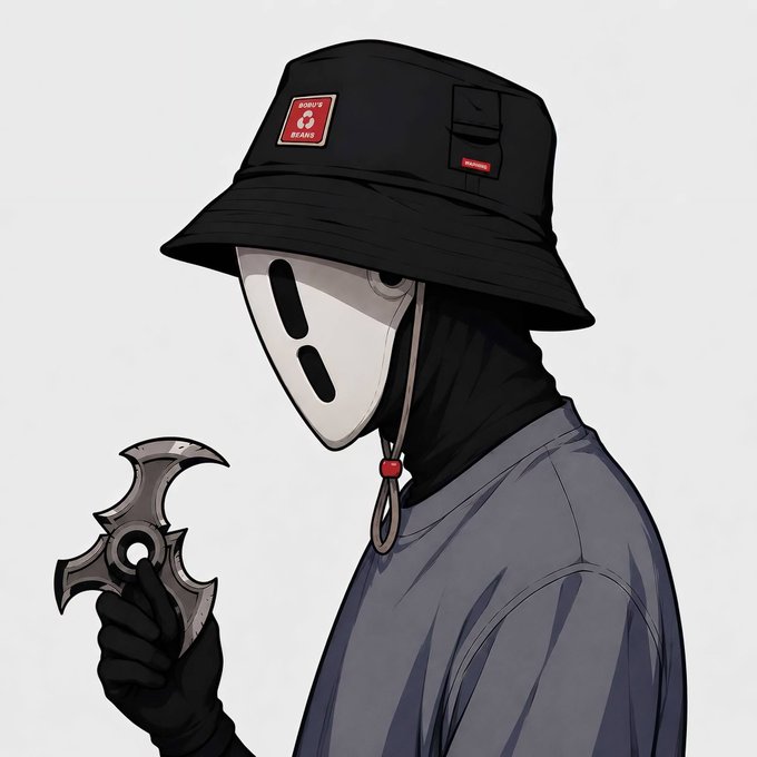 An illustrated character wears a black bucket hat with red 'NOISE BEAMS' patches, a black balaclava, and a white minimal-faced mask, while holding a metallic shuriken.