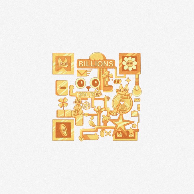 A golden, pixelated collage features interconnected icons including cats, coins, flowers, and a lightbulb, with the text "BILLIONS" and "HOLD" prominently displayed, tying into the coded aesthetic associated with the $CETS ticker.