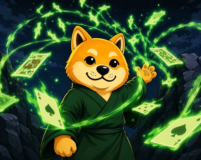 A cartoon Shiba Inu dog in a green robe conjures glowing green magical cards and energy swirls, symbolizing the gambler's risky path contrasted with the loyal holding message about CZ's conviction in BNB and BTC.