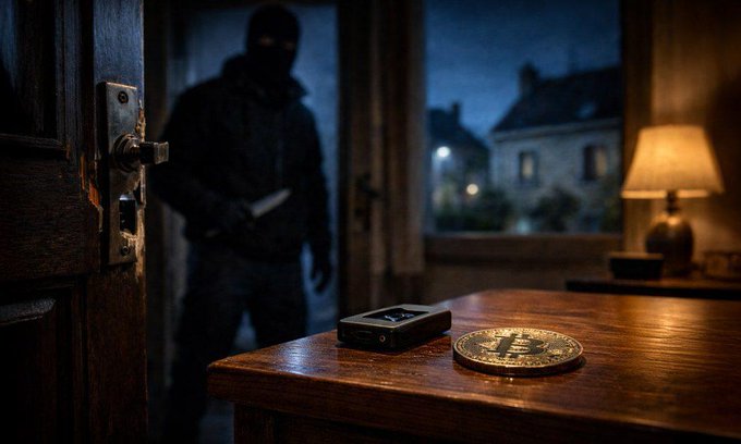 A masked intruder holding a knife approaches a table where a Bitcoin coin and a crypto hardware wallet are displayed, symbolizing the potential theft of digital assets as described in the accompanying text about a data breach of French tax information.