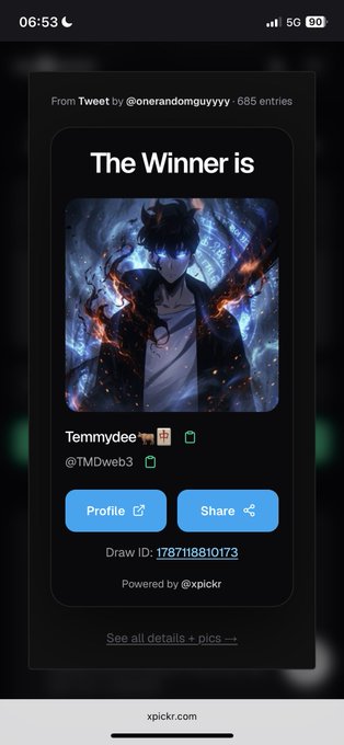 A screenshot of a Twitter/X giveaway winner announcement from @onerandomguyyyy showing "Temmydee @TMDweb3" as the winner, drawn from 685 entries with draw ID 1787118810173, matching the congratulatory post awarding 1 SOL to @TMDweb3.