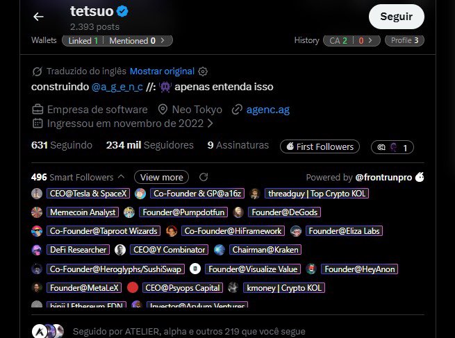 The image shows a Twitter profile page for "tetsuo" (verified, 2,393 posts) with 234K followers, highlighting its "Smart Followers" list which includes notable figures like "CEO@Tesla & SpaceX," "Co-Founder & GP@a16z," "Founder@Pumpdotfun," "Chairman@Kraken," and "Founder@MetaLEX." This aligns with the accompanying post showcasing the account's impressive network of crypto and tech influencers, promoting $DATA / @DATAHEDGEAI.