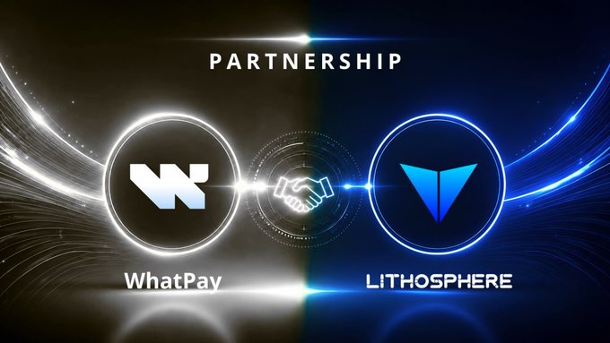Partnership announcement graphic displaying the WhatPay and Lithosphere logos connected by a handshake icon, labeled 'PARTNERSHIP'.