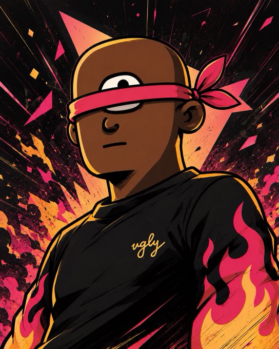 A stylized cartoon illustration of a bald character wearing a pink headband over their eyes and a black shirt with 'ugly' written on it, surrounded by flames and sharp geometric shapes.