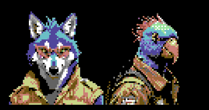 Two pixel-art character portraits of anthropomorphic wolves or dogs in colorful hoodies against a black background.