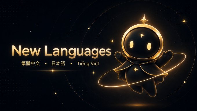 A promotional graphic features a cute golden astronaut character next to the text "New Languages" with translations in Traditional Chinese (繁體中文), Japanese (日本語), and Vietnamese (Tiếng Việt).