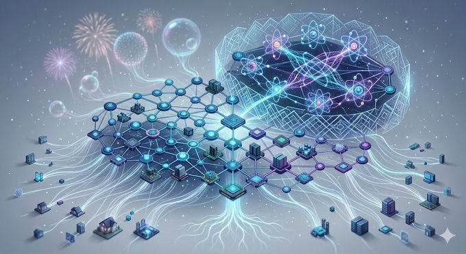 The image features a 3D rendering of a complex network of blue cubes, with some cubes appearing larger than others. The network is connected by lines that extend outwards from the center, creating an intricate web-like structure. The background of the image is gray and filled with stars, giving it a futuristic appearance. In the corner of the image, there are fireworks, adding to the overall sense of excitement and energy in the scene. The post accompanying this image reads: "最近我越来越觉得，现在真正值得参与的项目。在这个标准下", which suggests that the image is related to a discussion or analysis of a complex network, possibly in the context of a scientific study or technological innovation.