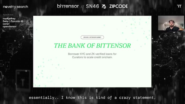 The image shows a computer screen with a white background displaying a message about the Bank of Bittensor. The text on the screen reads "Zipcode, SN-46 - the bank of bittensor: what started off as real estate, seeking to expand on-chain credit, real-world assets and a new financial layer on TAO, following close principles to Satoshi' s criticism against modern banking systems policies". This message is related to the post about Bitcoin and the Bank of Bittensor.