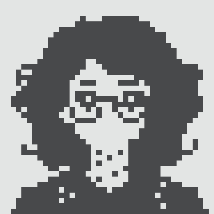 A black and white pixel art portrait of a woman with glasses, dark hair, and earrings.