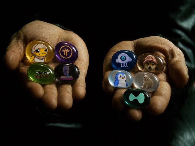 Two hands cupped together holding eight colorful translucent stones, each displaying an icon such as a robot, penguin, dog, frog, and a Pi Network logo.