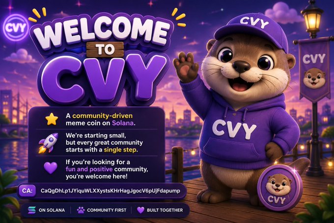 Promotional graphic for the CVY meme coin on Solana, featuring a cartoon otter mascot in a purple hoodie waving next to the text "WELCOME TO CVY" and a contract address "Ca: CaQgDhLp1JYiqiuWLXXxystsKHrHagJgocV6pUjFdapump".