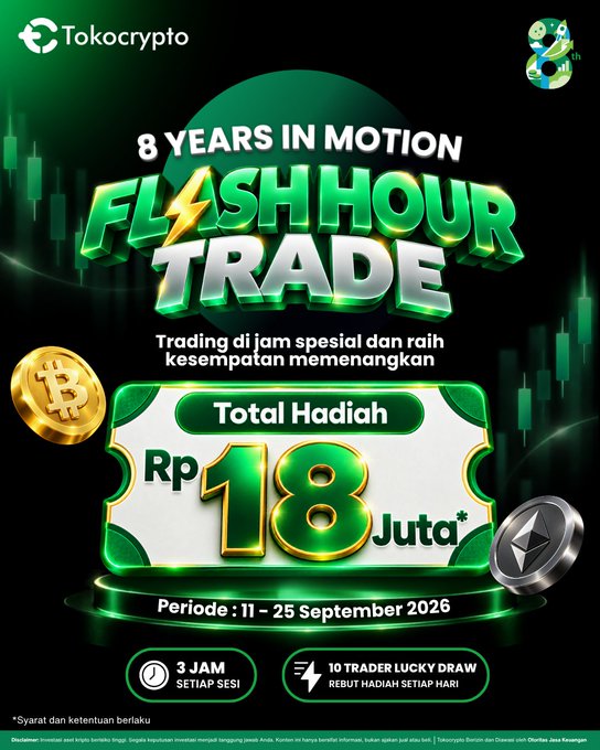 Tokocrypto promotional poster for 'Flash Hour Trade' celebrating 8 years in motion, offering a total prize of Rp 18 Juta with a period of September 11-25, 2026.