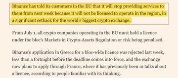 A news snippet about Binance pulling out of the EU due to lacking a MiCA license under the bloc's new Markets in Crypto-Assets Regulation, aligning with the post's claim that Binance is being forced to stop serving European customers starting next week.