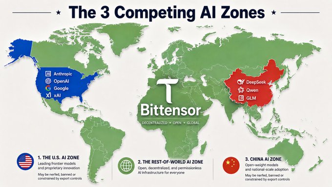 The image is a world map titled "The 3 Competing AI Zones," highlighting BitTensor (TAO) as a decentralized alternative positioned between the U.S. AI Zone (Anthropic, OpenAI, Google, xAI) and the China AI Zone (DeepSeek, Qwen, GLM), representing "The Rest-of-World AI Zone" for open and permissionless AI infrastructure. The map underscores $TAO's positioning as a neutral, decentralized competitor to the two AI superpowers, supporting the post's claim that BitTensor's role in the global AI race is becoming increasingly evident.