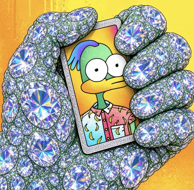 A digital illustration of a sparkling diamond-encrusted hand holding a phone displaying a cartoon duck character with large eyes, set against a yellow background.