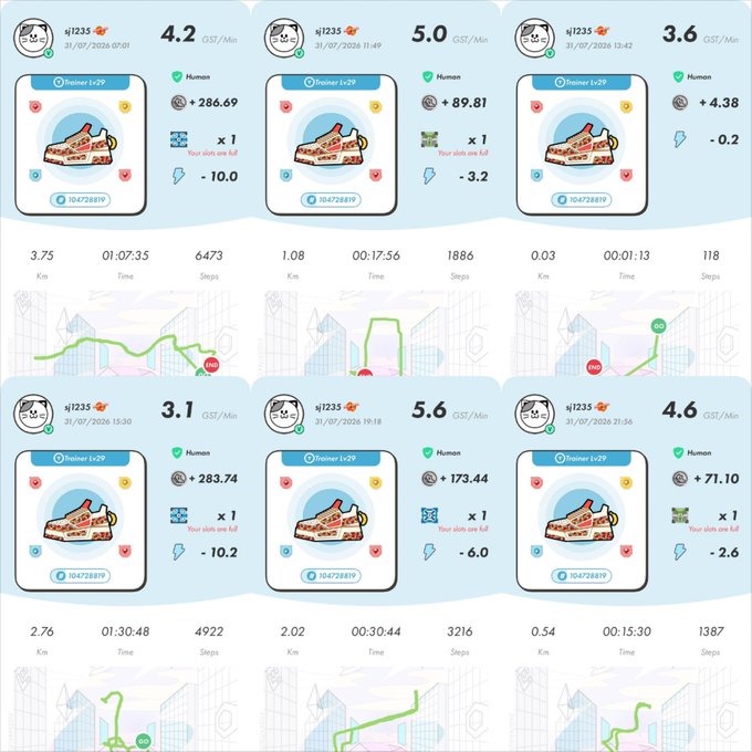 A collage of six screenshots from a fitness tracking app showing walking/running activities in late July 2026, with varying distances (0.03 to 3.75 km), speeds, and calorie counts.